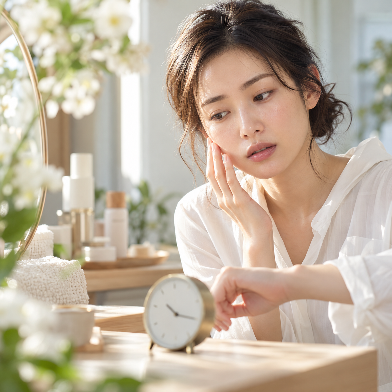 時計を見ながらスキンケアを考える女性