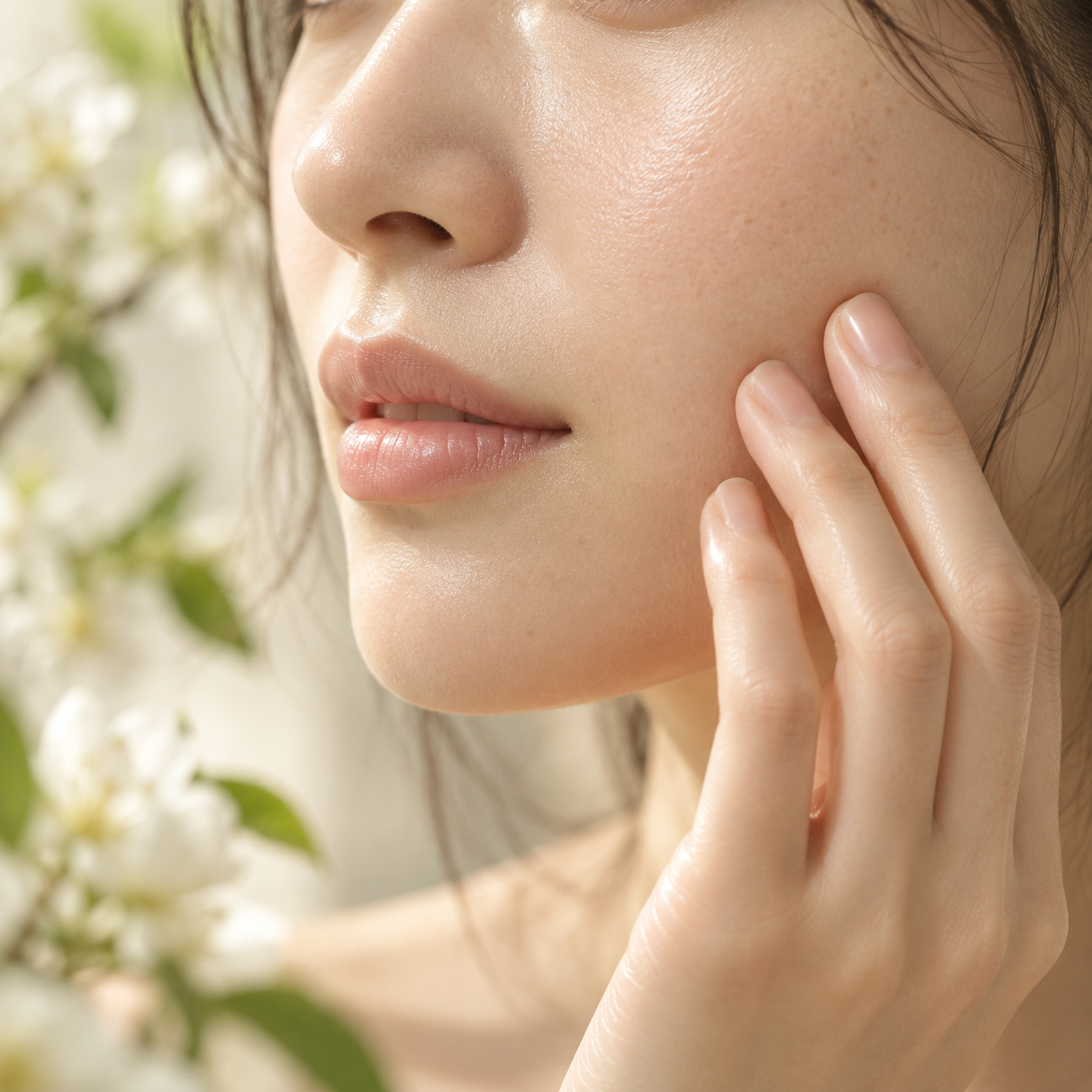 頬の肌にそっと触れる女性