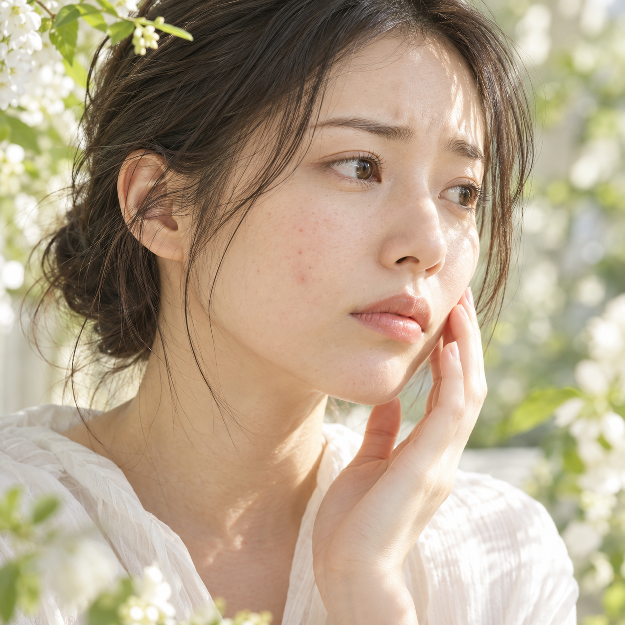 肌を気にかけながら頬に触れる女性