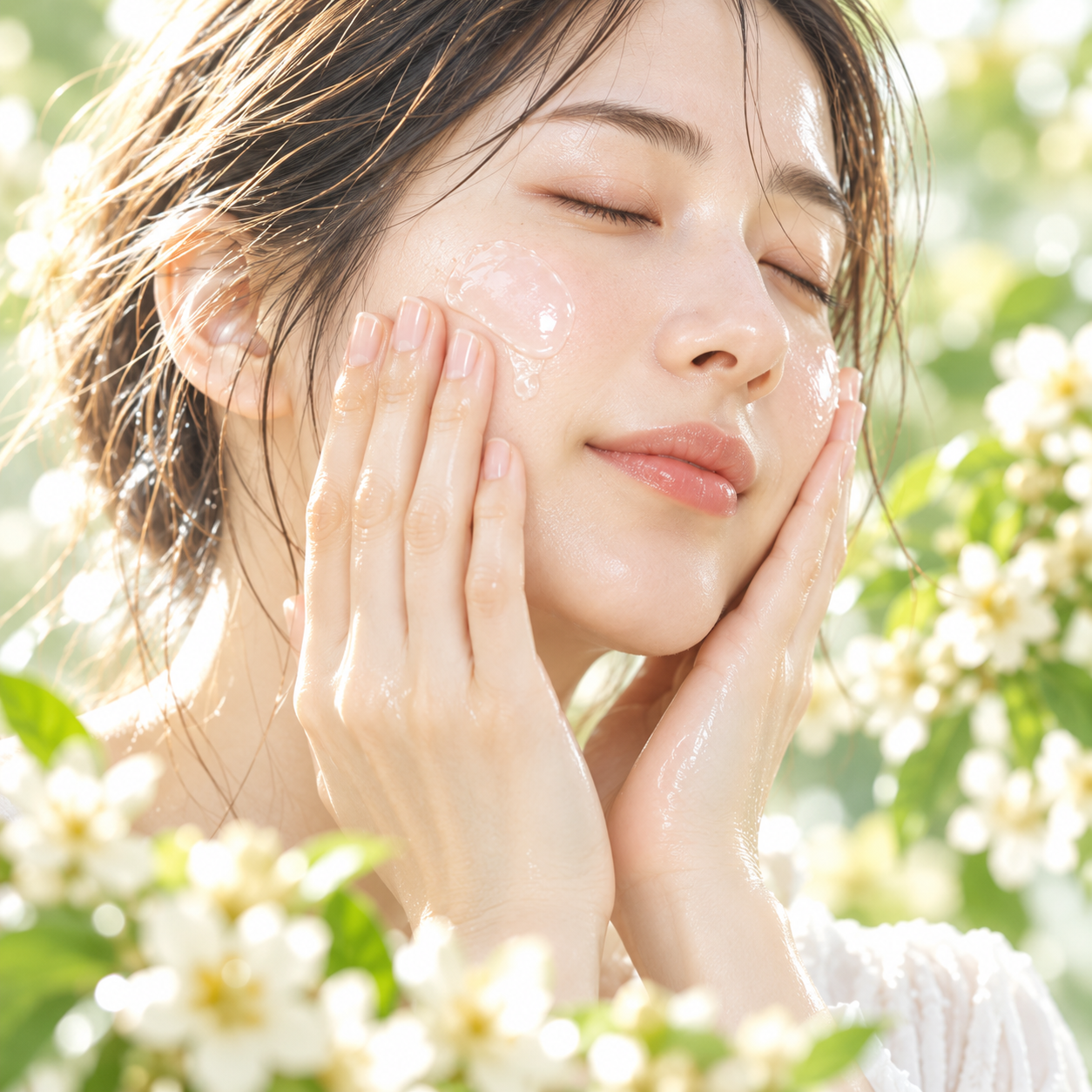 頬と手元を中心に、ジェルを顔全体へなじませる女性